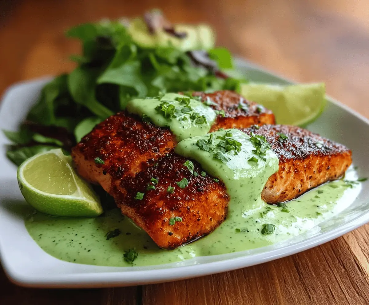 Delicious Cajun Salmon topped with vibrant avocado lime sauce served on a plate with fresh herbs and lemon wedges