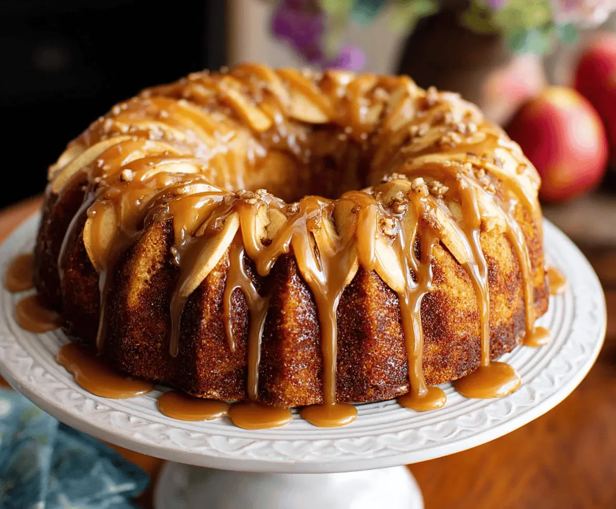 Delicious Caramel Apple Bundt Cake topped with caramel drizzle and sliced apples, perfect for fall dessert