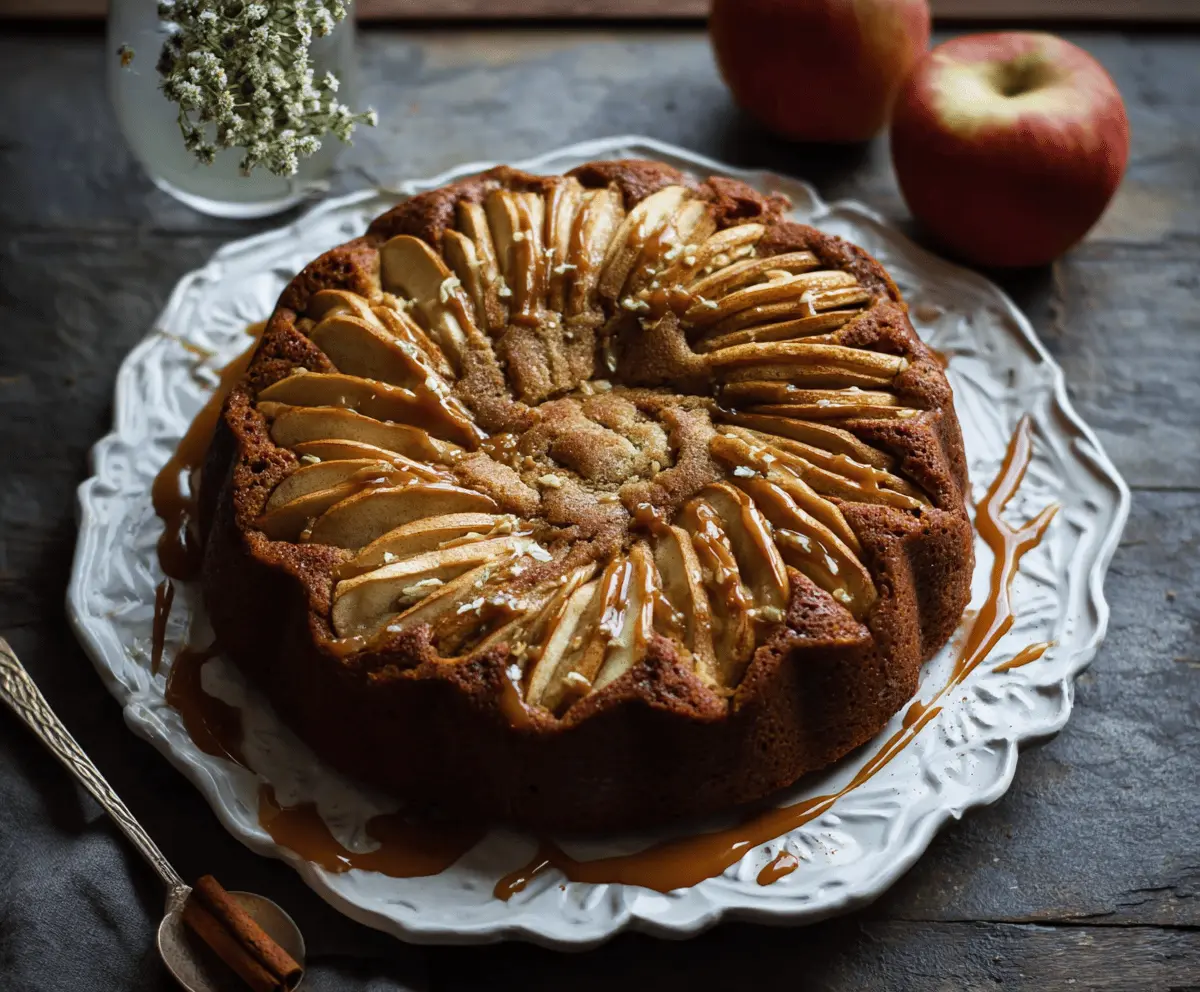 Delicious Chai Spice Apple Cake topped with cinnamon and apple slices, perfect for fall desserts.