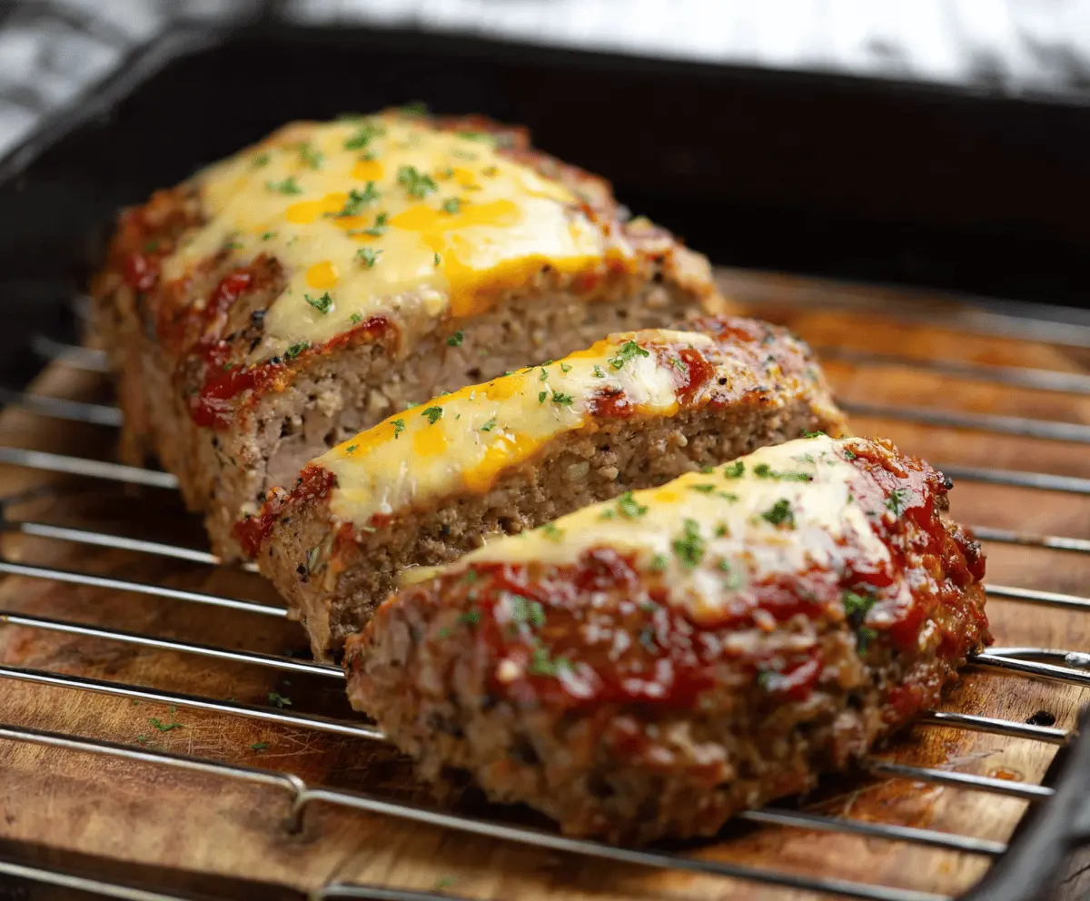 Delicious Cheddar-Stuffed Meatloaf topped with melted cheese, served on a plate with fresh vegetables for a hearty homemade dinner.
