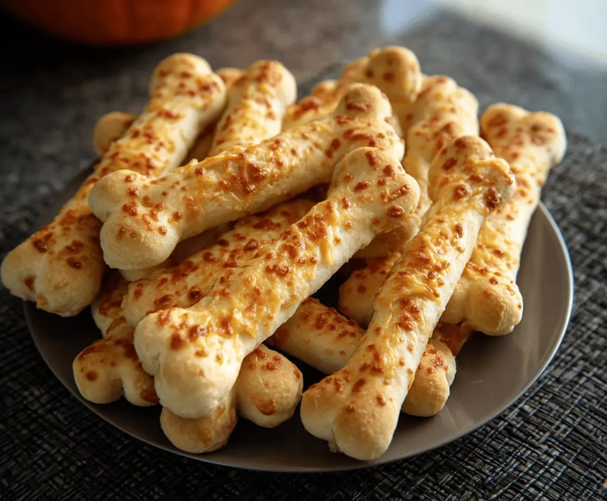 Cheesy Halloween Breadstick Bones recipe image showing spooky breadsticks shaped like bones with melted cheese for a festive Halloween snack