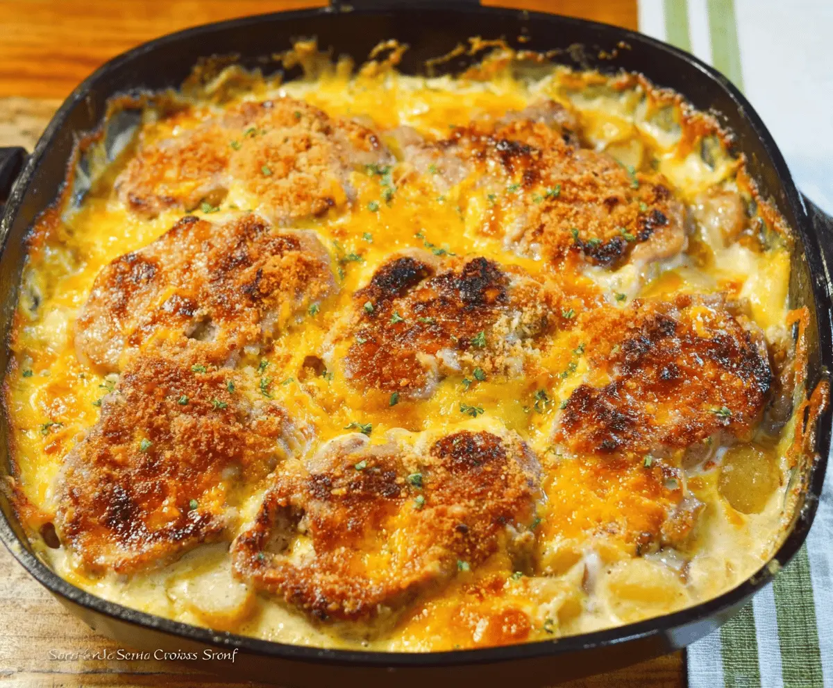 Delicious cheesy pork chop potato casserole topped with melted cheese and crispy bacon, ready to serve.
