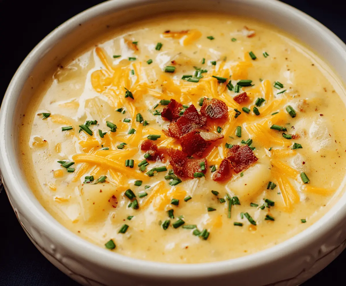 Creamy cheesy potato soup in a bowl topped with melted cheese and fresh herbs, served with bread on the side.