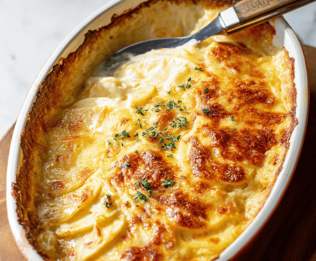 Delicious cheesy scalloped potatoes baked to perfection with creamy sauce and golden cheese topping.
