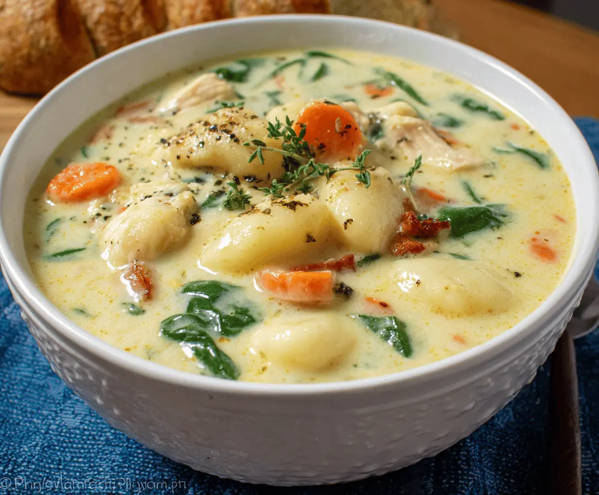 Creamy Chicken Gnocchi Soup with tender chicken, soft gnocchi, and fresh herbs in a flavorful broth, perfect for cozy meals