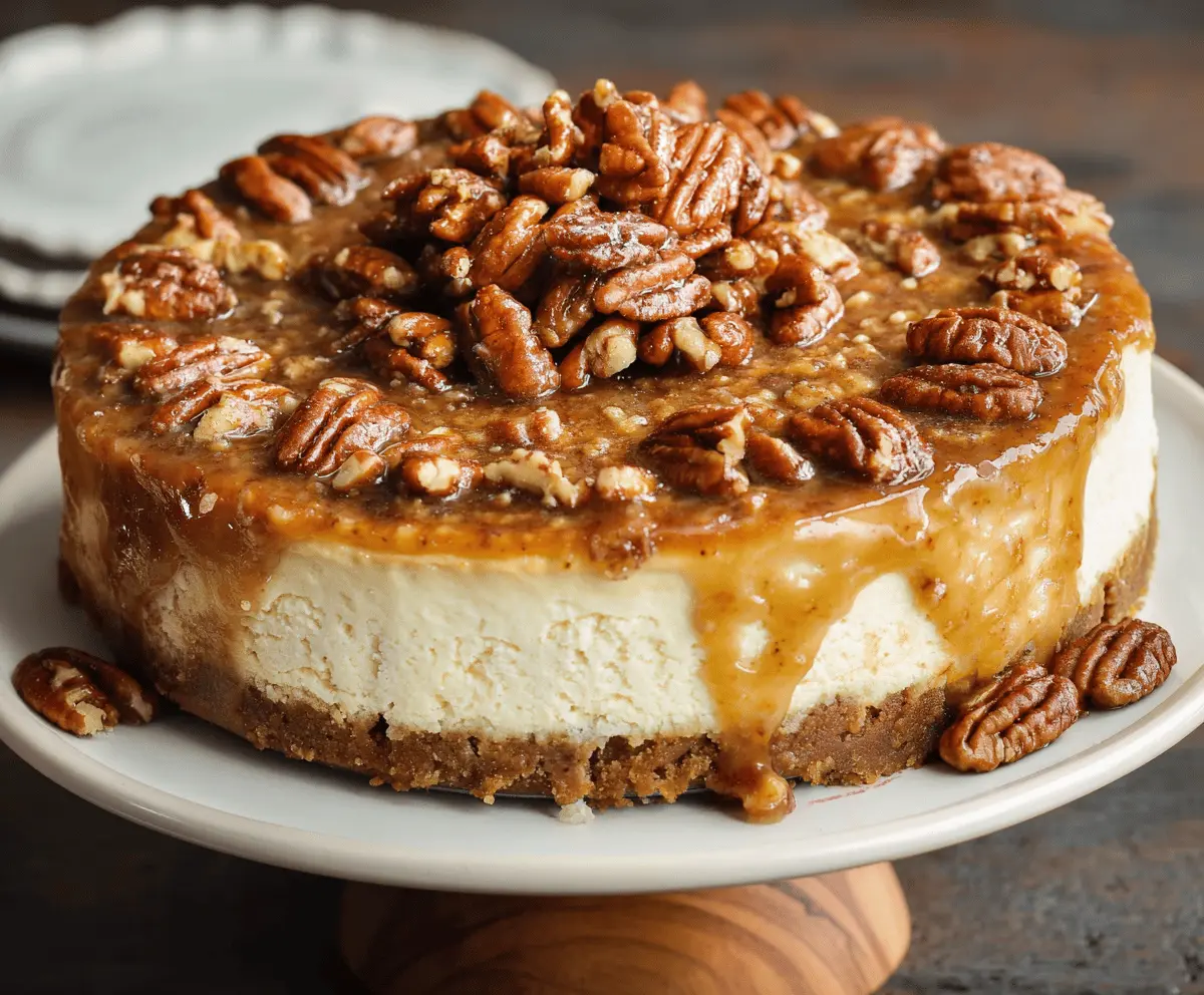 Delicious Cinnamon Pecan Pie Cheesecake topped with pecans and cinnamon swirl.