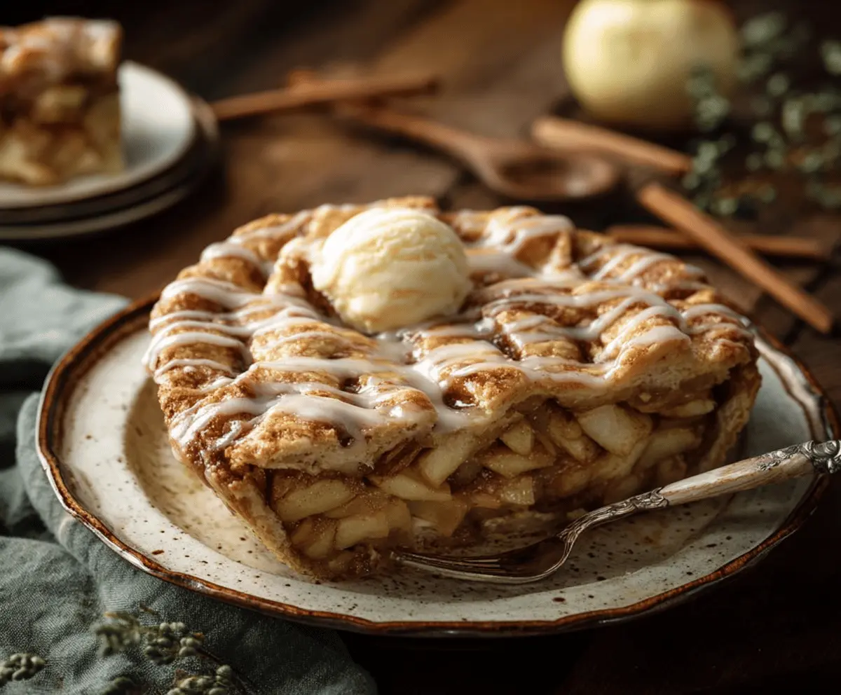 Delicious cinnamon roll apple pie with golden crust, cinnamon swirls, and fresh apple filling on a rustic wooden table.