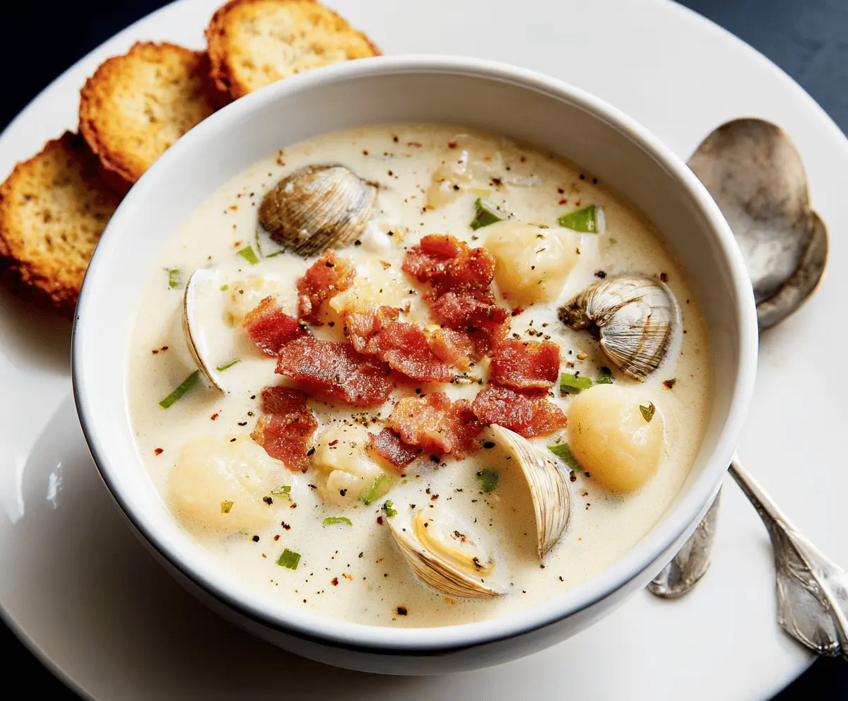 Creamy clam chowder served in a bowl with fresh herbs and oyster crackers, showcasing a comforting seafood soup.