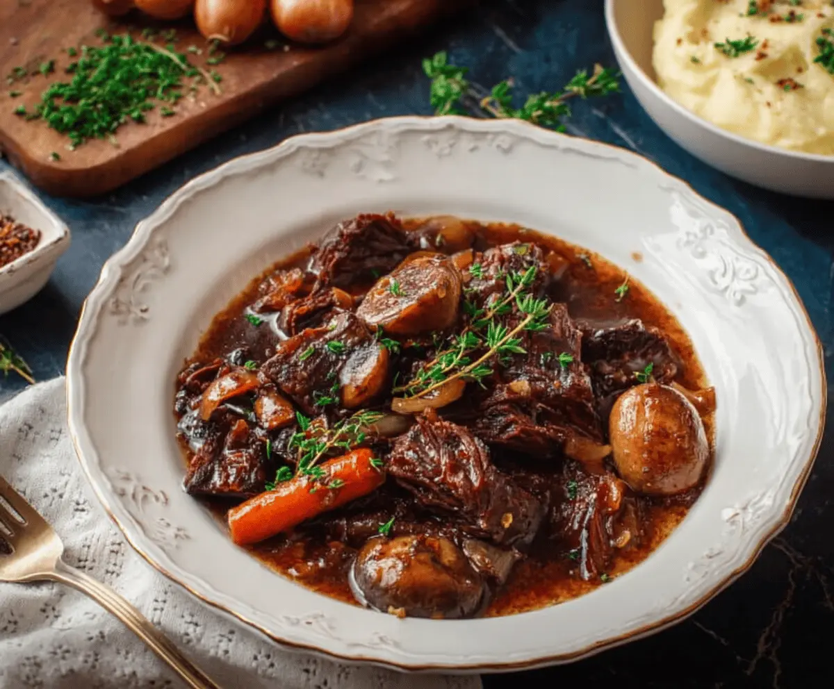Hearty Classic French Beef Bourguignon in a rustic pot with tender beef, mushrooms, carrots, and red wine sauce, garnished with fresh herbs.