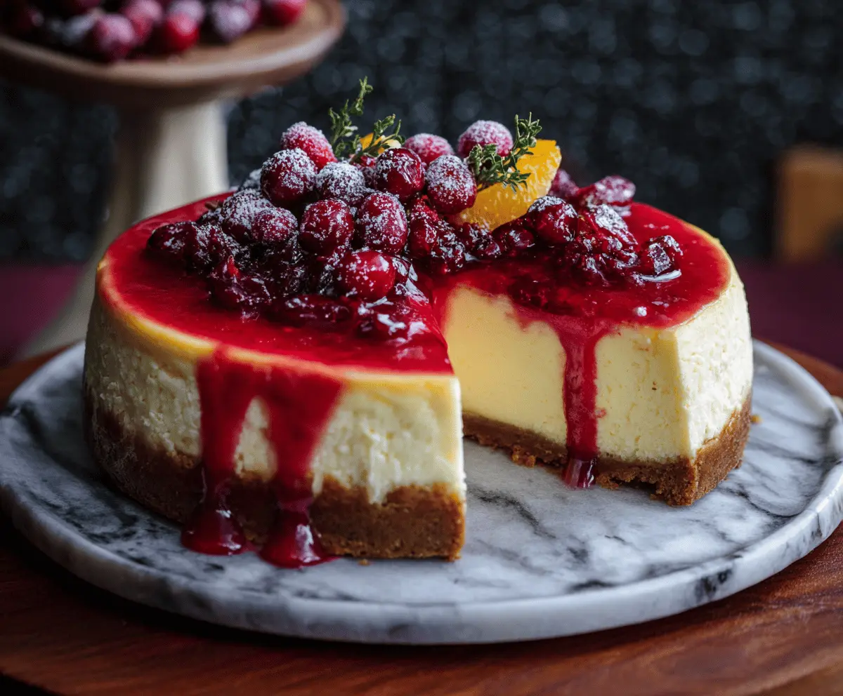 Delicious cranberry orange cheesecake topped with fresh cranberries and orange zest on a decorative plate, ready to serve