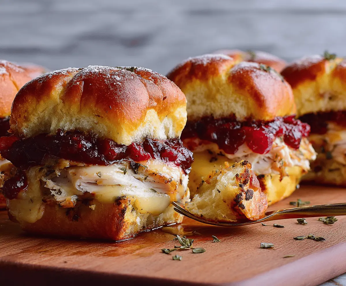 Delicious Cranberry Turkey Sliders topped with fresh cranberries and melted cheese on soft slider buns, perfect for appetizers or parties.