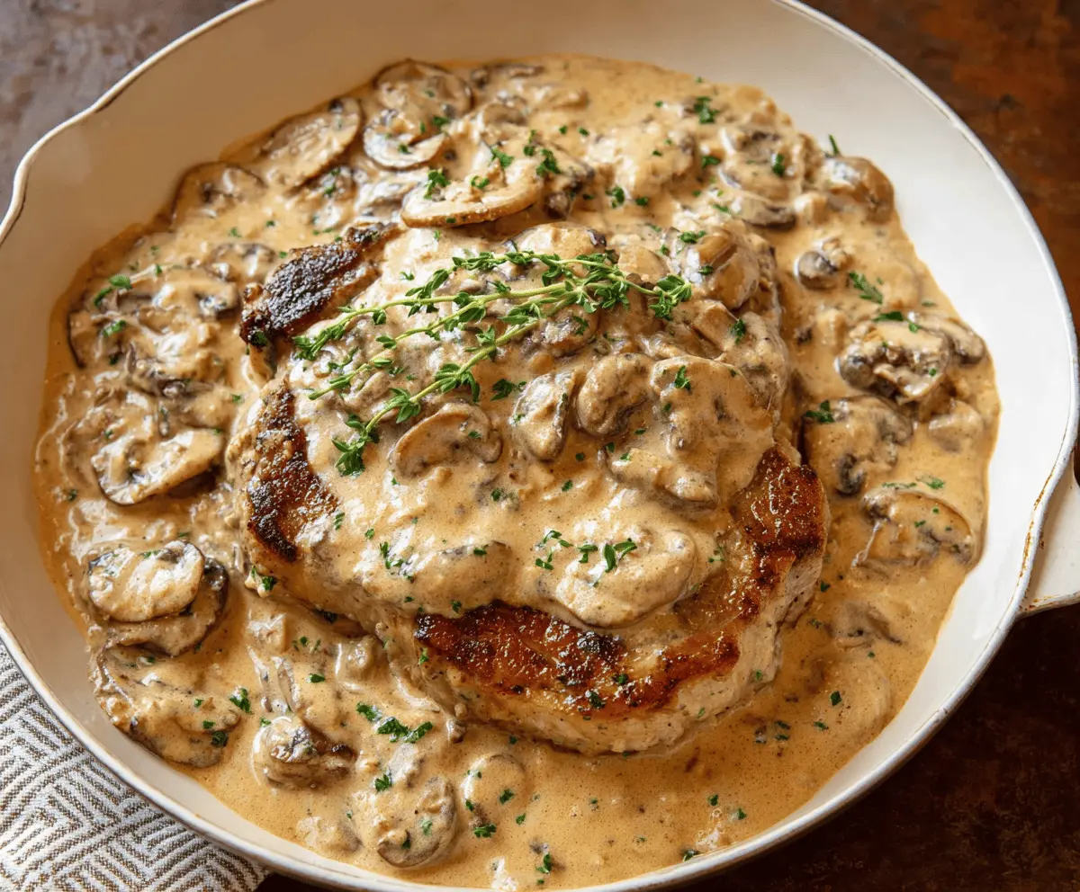 Cream of Mushroom Pork Chops served with creamy mushroom sauce on a plate, garnished with fresh herbs.
