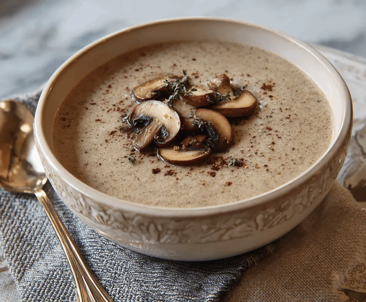 Cream of Mushroom Soup in a bowl topped with fresh herbs and served with bread on a rustic wooden table.
