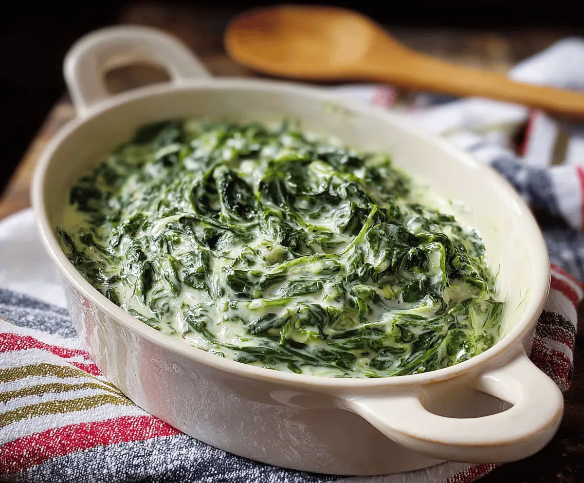 Creamed spinach served in a white bowl with a creamy, savory sauce and fresh herbs, perfect as a side dish