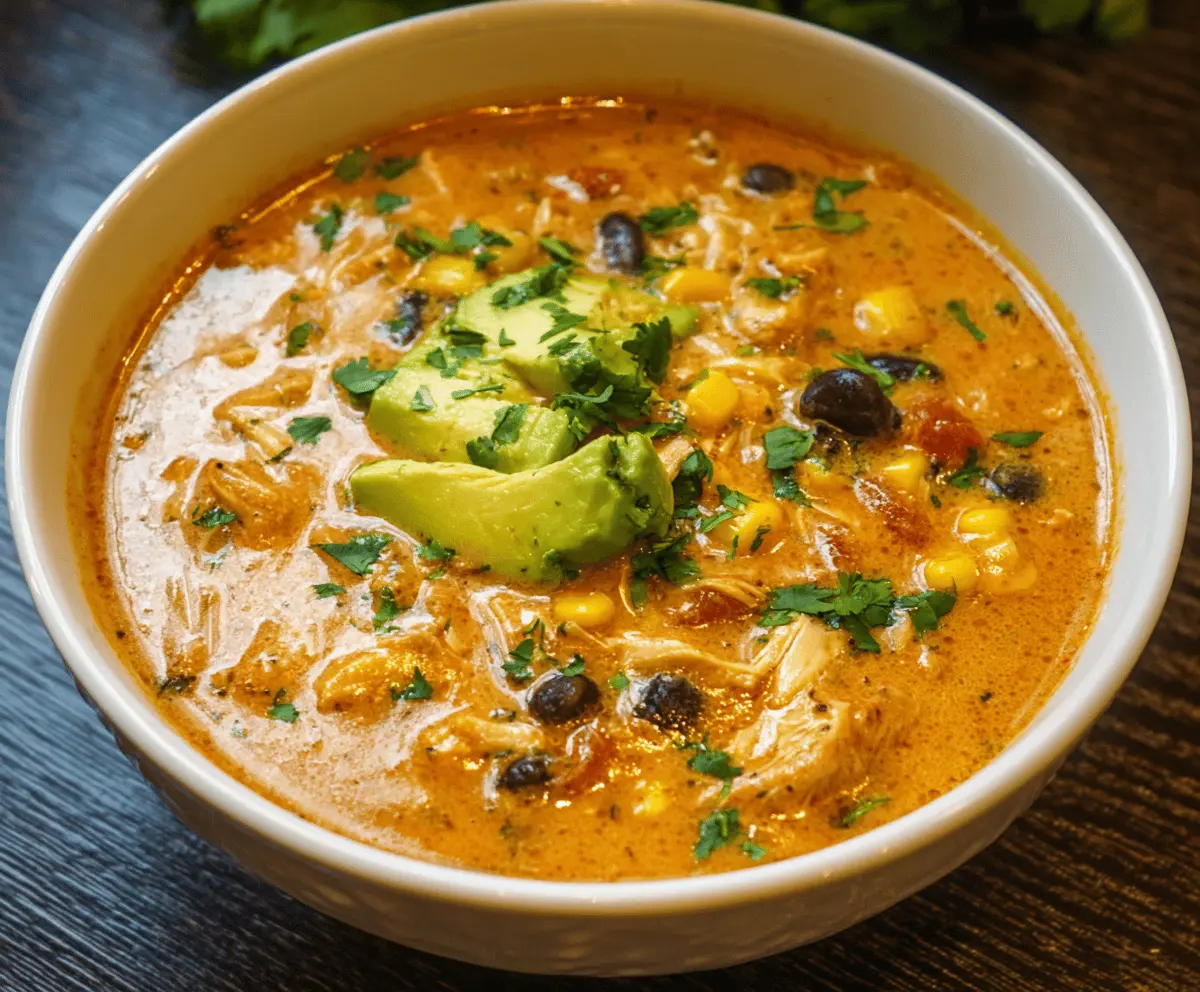 A steaming bowl of creamy enchilada soup topped with shredded cheese, fresh cilantro, and a dollop of sour cream, served with tortilla chips on the side.