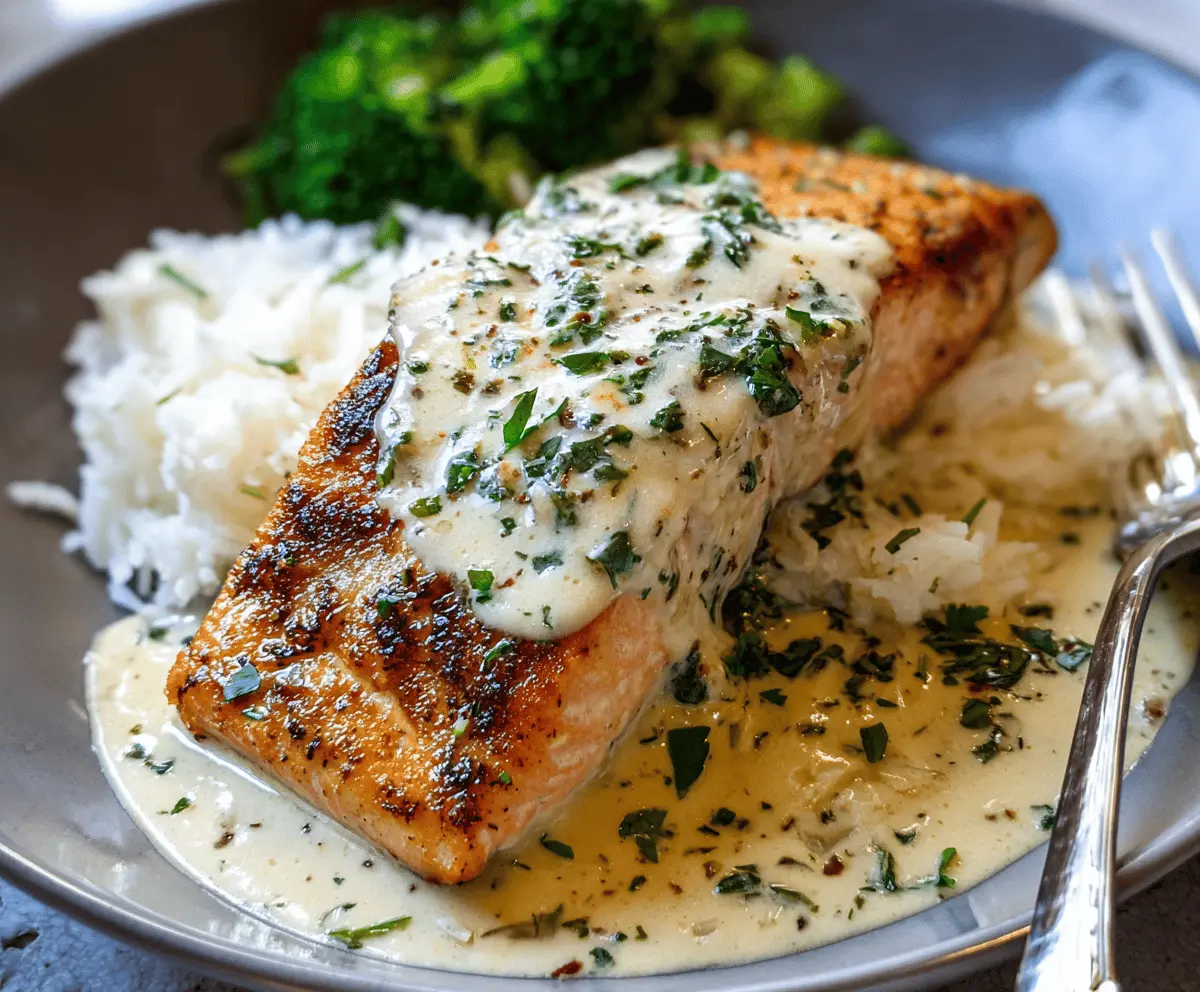 Delicious creamy garlic butter salmon fillet served with fresh herbs on a white plate.