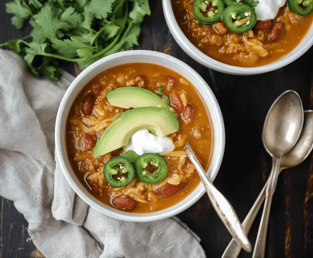 Colorful bowl of dairy-free chili featuring beans, vegetables, and spices, perfect for a hearty and healthy gluten-free meal.