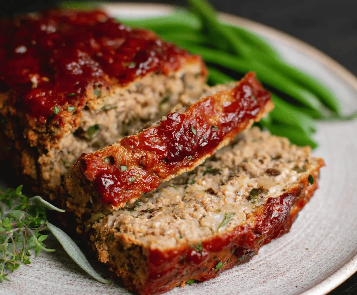 Savory dairy-free meatloaf served on a plate with vegetables, perfect for vegan dinners.