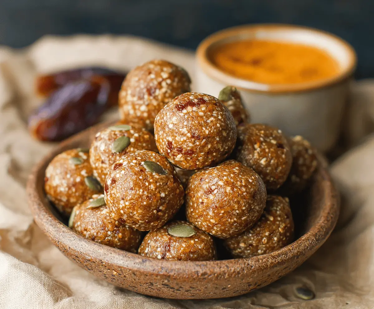 Healthy Date-Sweetened Pumpkin Protein Balls on a white plate with a rustic background, perfect for a nutritious snack