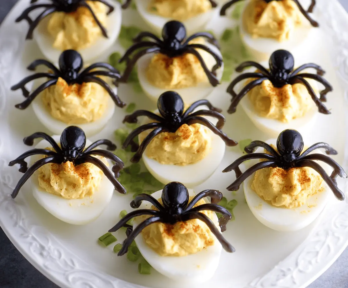 Delicious deviled egg spiders decorated with black olive bodies and pretzel legs for a spooky Halloween appetizer