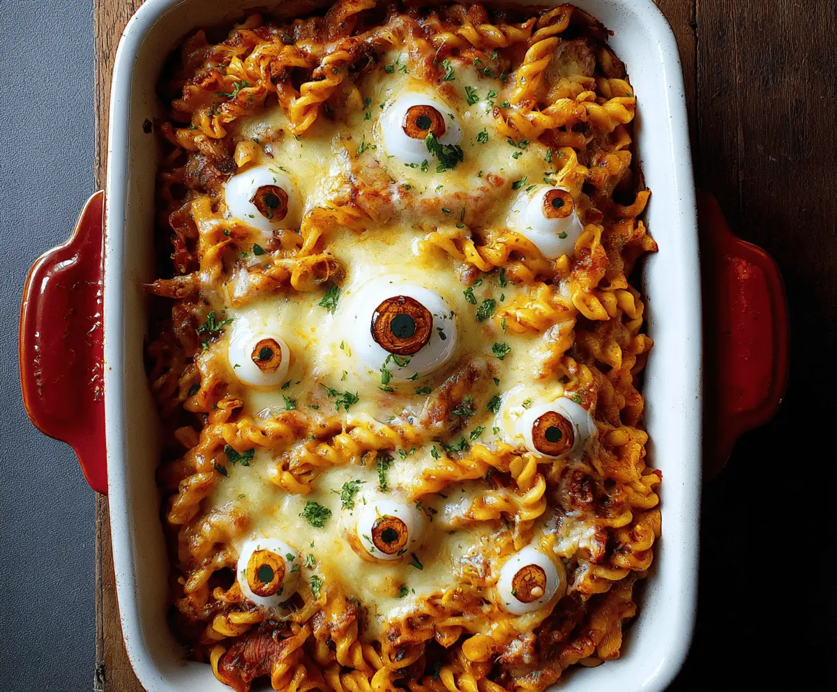 Creamy eyeball pasta bake with spooky meatball eyeballs, melted cheese, and colorful pasta for a fun Halloween-themed meal.