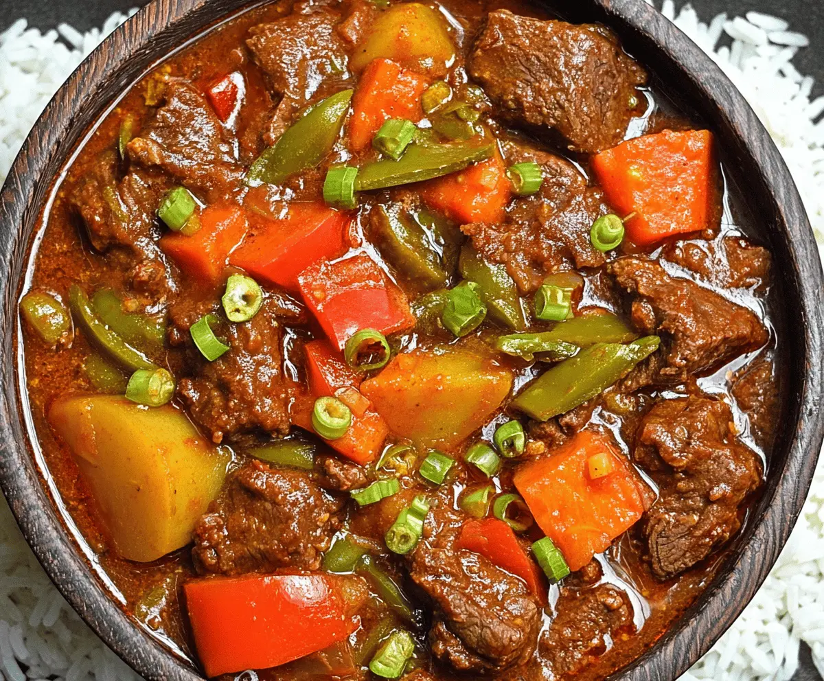 Delicious Filipino Beef Caldereta served with rice, featuring tender beef stew with vegetables and flavorful tomato sauce