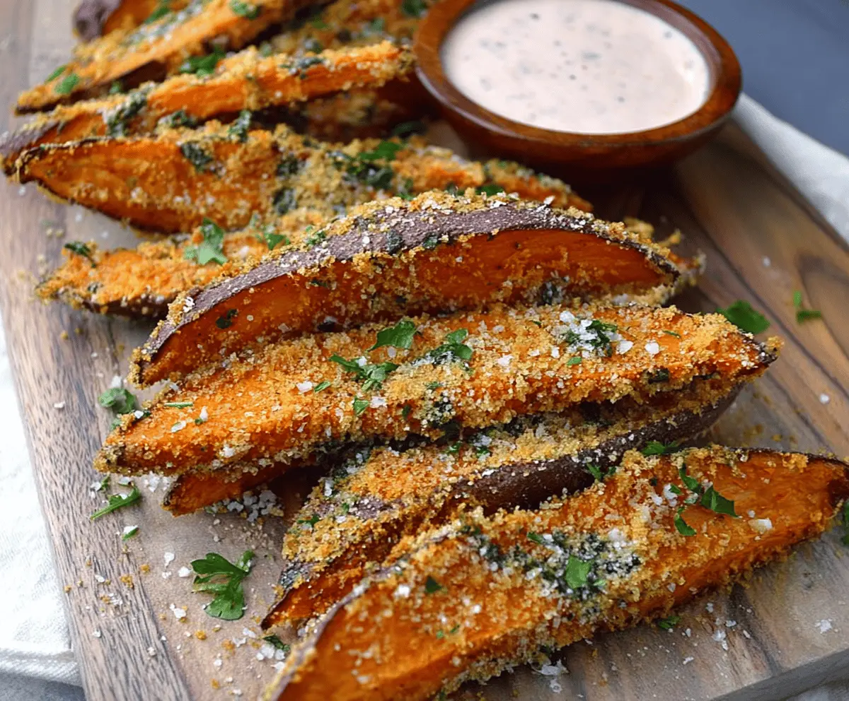 Golden garlic parmesan sweet potato wedges served on a plate, crispy on the outside and tender on the inside, garnished with fresh herbs