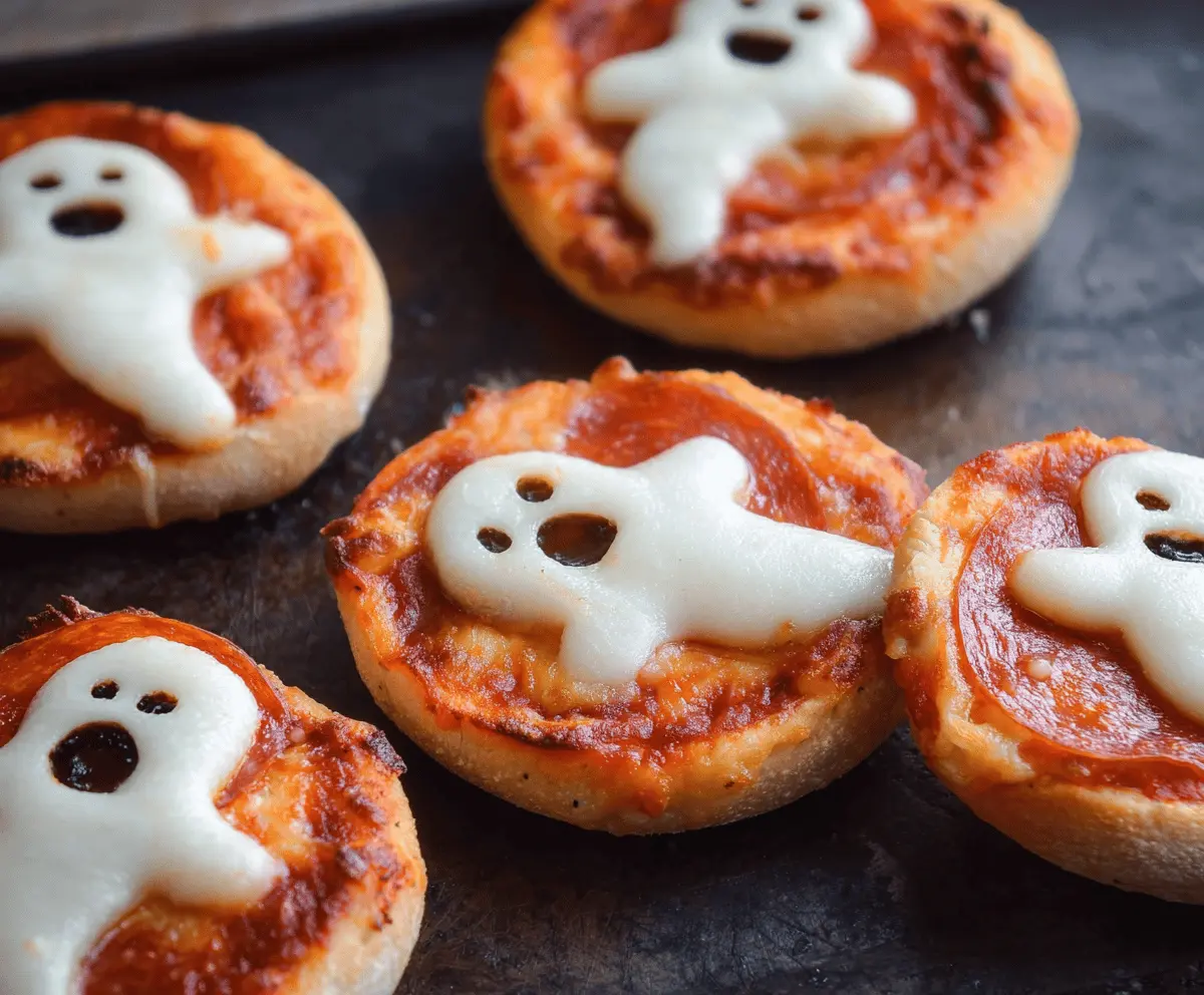 Delicious ghost-shaped pizza bagels topped with melted cheese and pepperoni for a fun Halloween snack