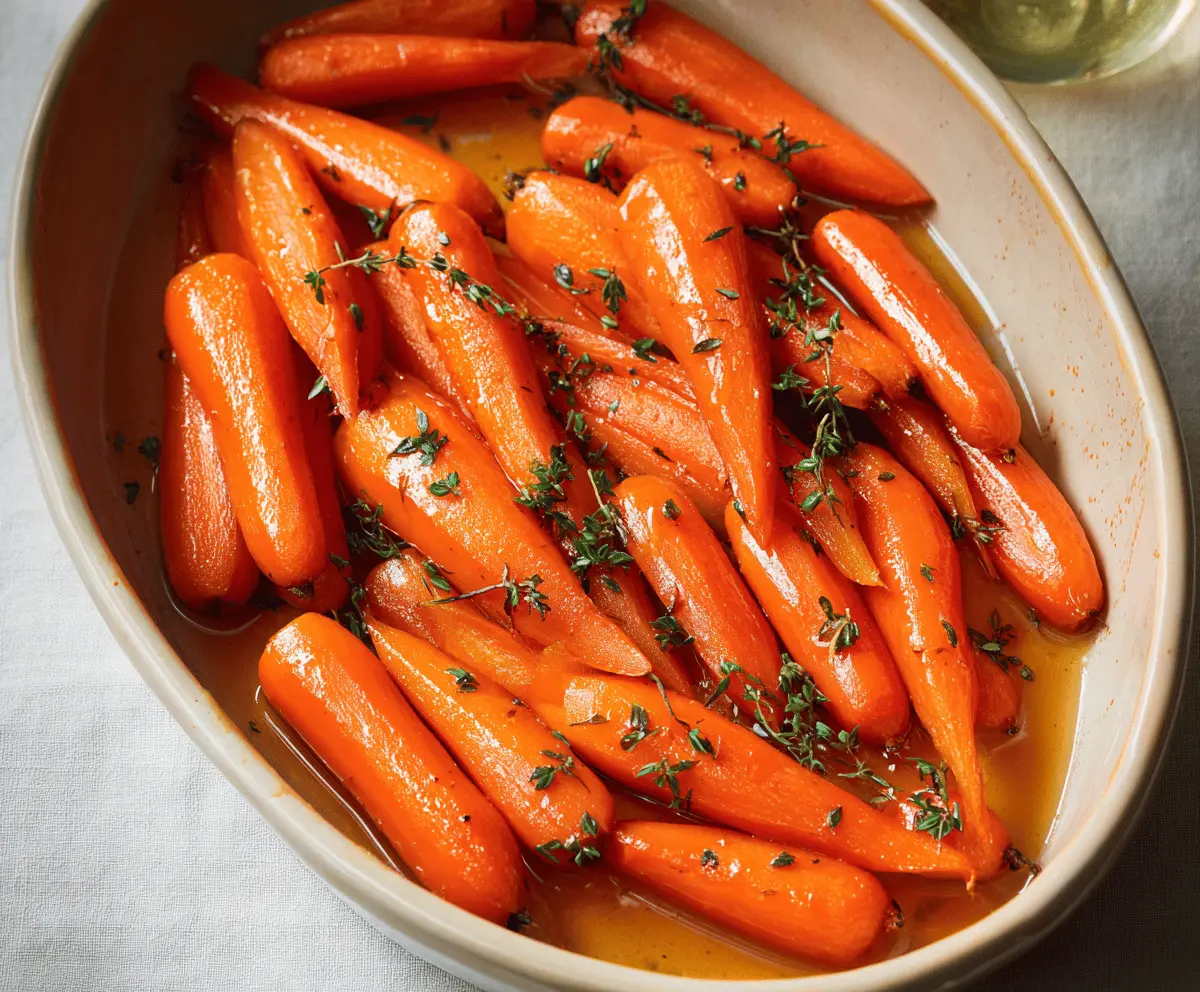Delicious glazed carrots served on a white plate, garnished with fresh herbs.