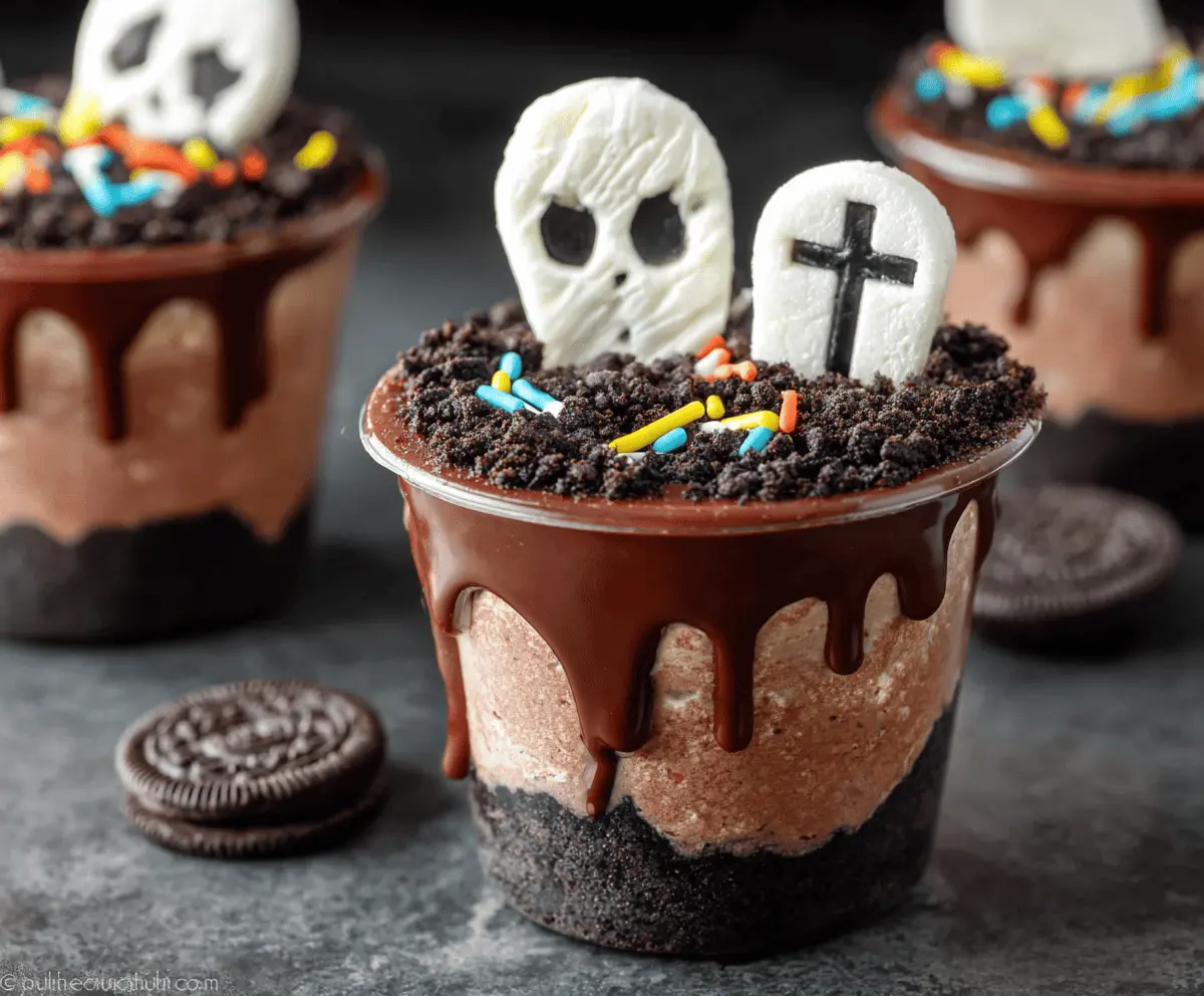Delicious Graveyard Chocolate Pudding Cups decorated with spooky edible Halloween decorations and gummy worms for a creepy festive treat