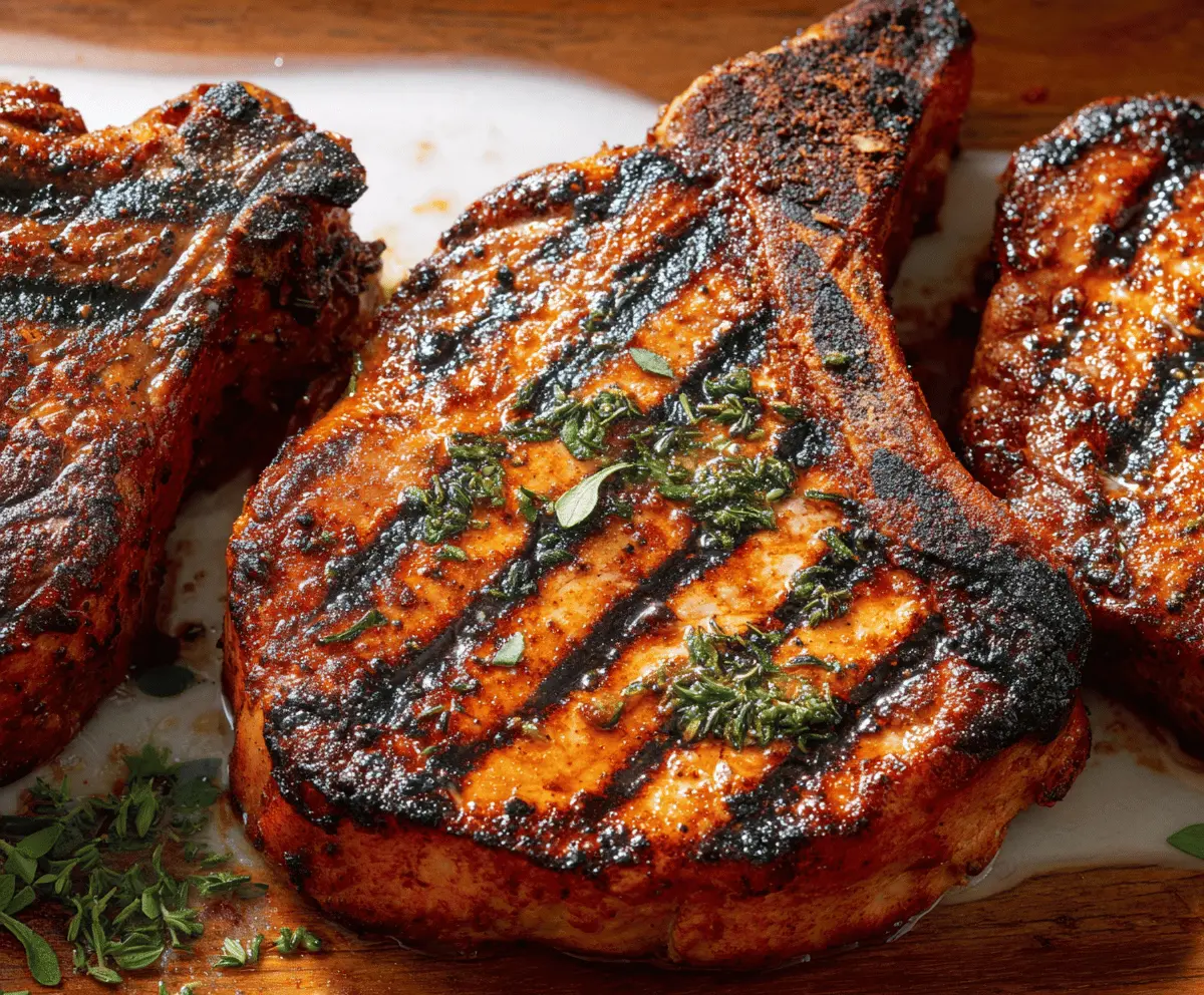 Juicy grilled pork chops with charred grill marks on a wooden serving board