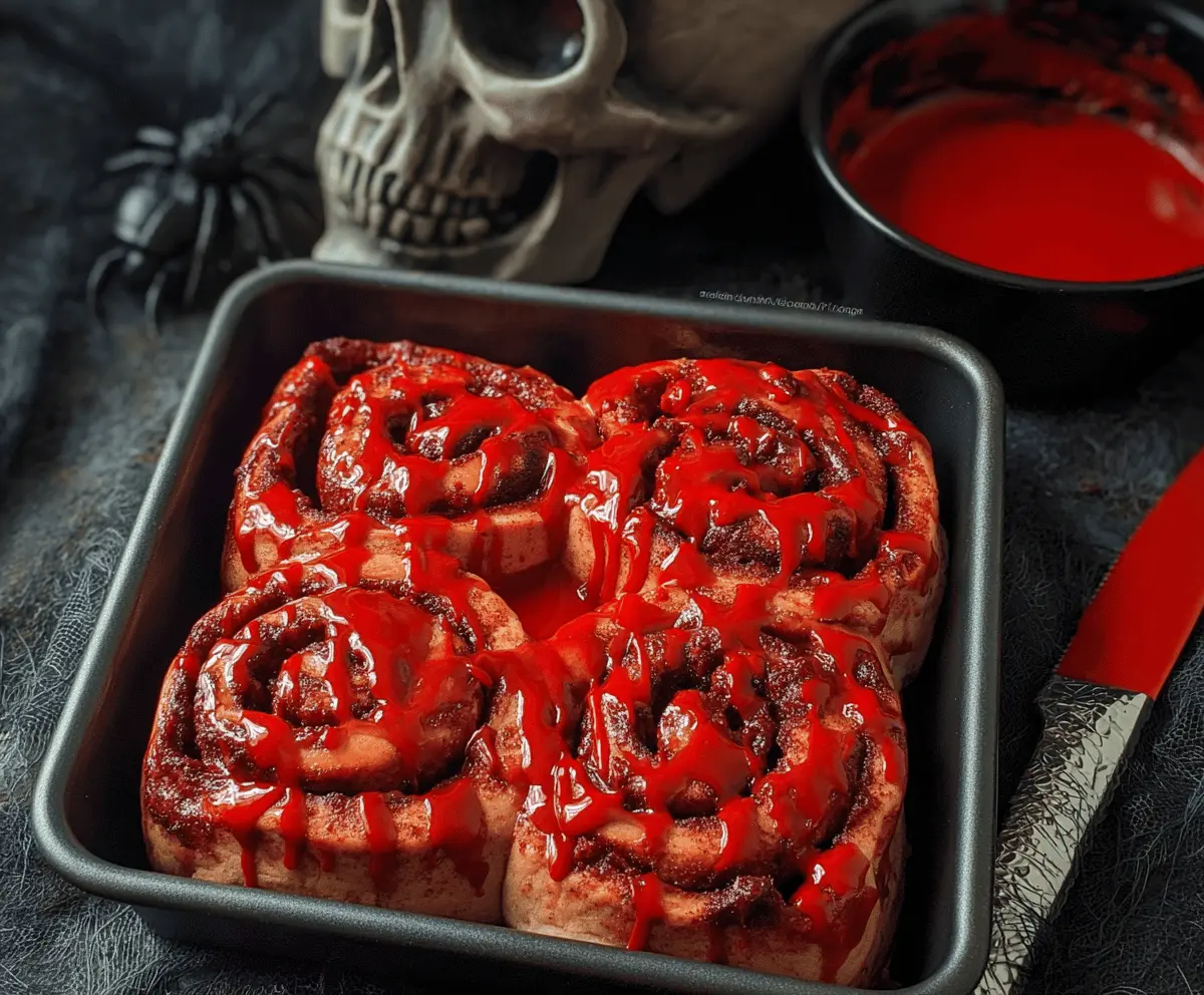 Spooky Halloween bloody cinnamon rolls decorated with red icing and edible fake blood, perfect for Halloween treats