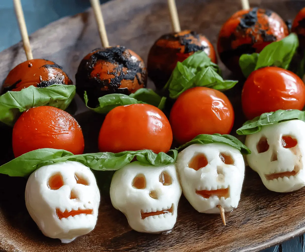 Colorful Halloween Caprese Skewers featuring cherry tomatoes, fresh mozzarella balls, basil leaves, and spooky themed decorations for a festive appetizer