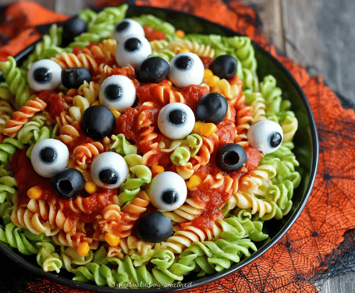Colorful Halloween Eyeball Pasta Salad with spooky eyeball-shaped pasta and fresh vegetables, perfect for Halloween parties.