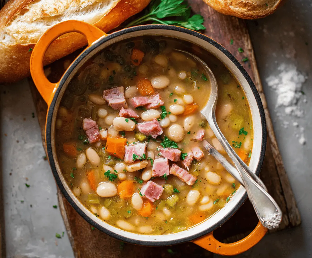 A steaming bowl of hearty ham and bean soup garnished with fresh herbs, served with crusty bread on a rustic table.
