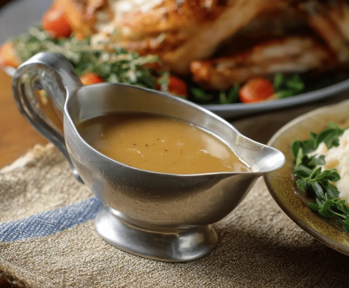 Creamy homestyle turkey gravy served over roasted turkey slices for a comforting holiday meal.