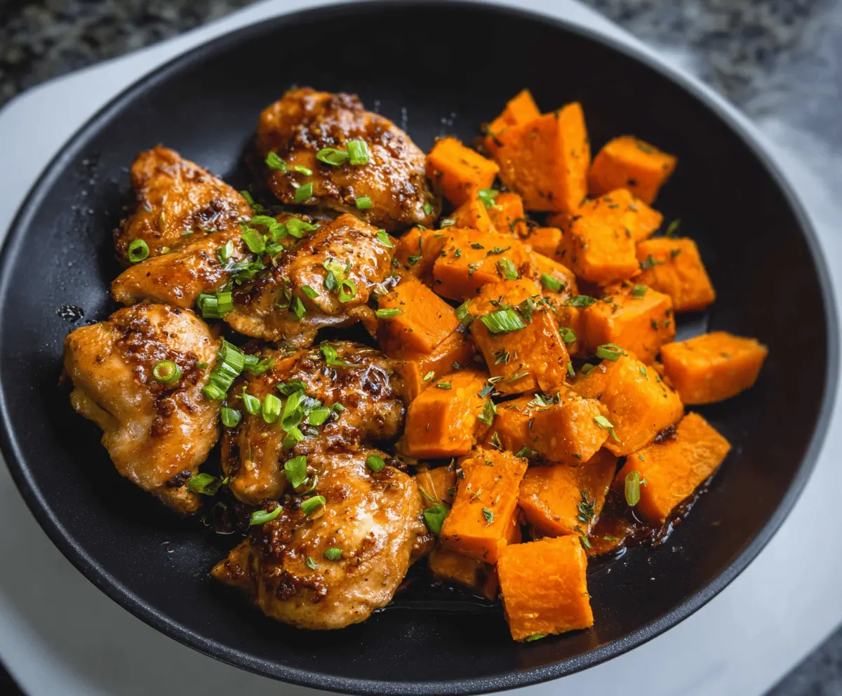 Delicious honey garlic chicken served with roasted sweet potatoes on a plate, garnished with fresh herbs, perfect for a healthy and flavorful meal.