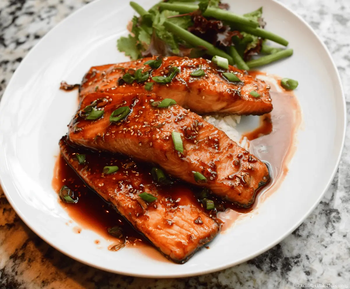 Delicious honey soy sauce glazed salmon fillet garnished with fresh herbs on a white plate, showcasing a flavorful and glossy seafood dish.