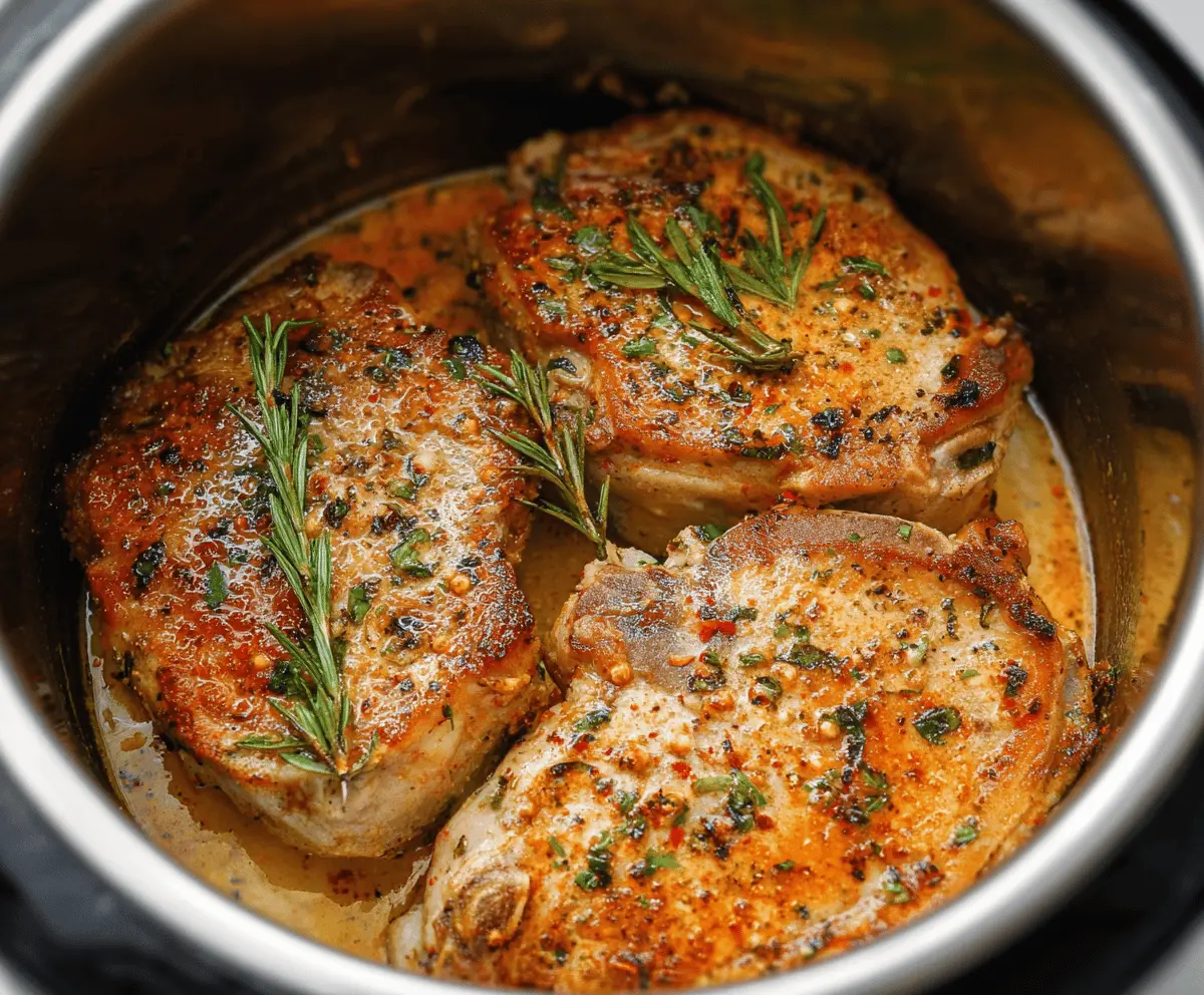 Delicious tender Instant Pot pork chops served with fresh herbs and side vegetables, perfect for a quick and flavorful meal.