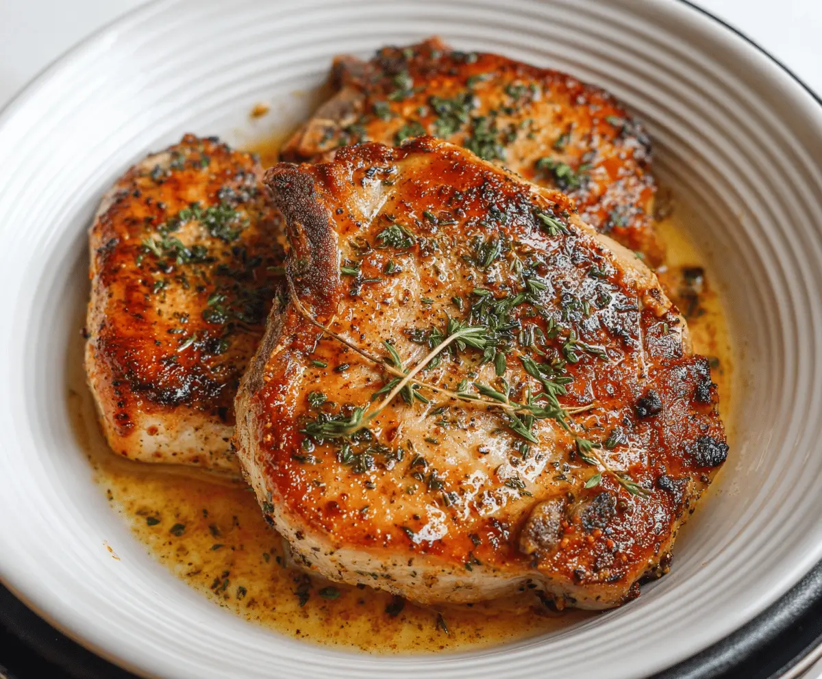 Juicy Instant Pot pork chops with seasoning and herbs served on a plate