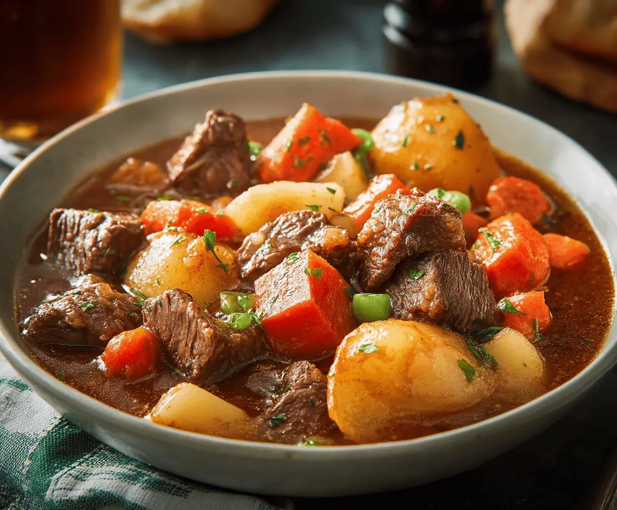 Hearty Irish Beef Stew with tender beef chunks, carrots, potatoes, and herbs served in a rustic bowl