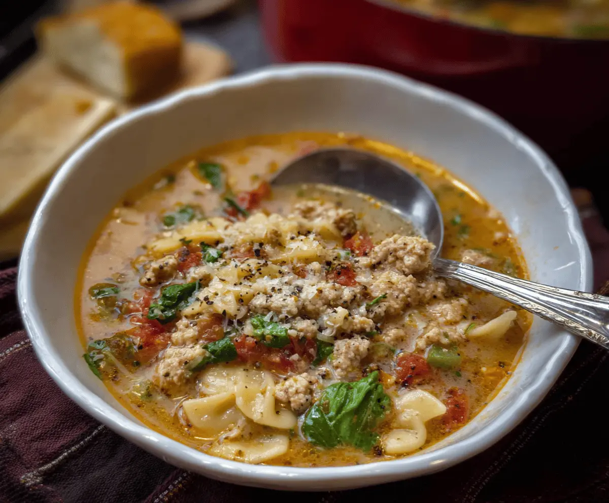 A bowl of hearty Italian ground chicken soup garnished with fresh herbs and grated cheese, served with bread on the side.