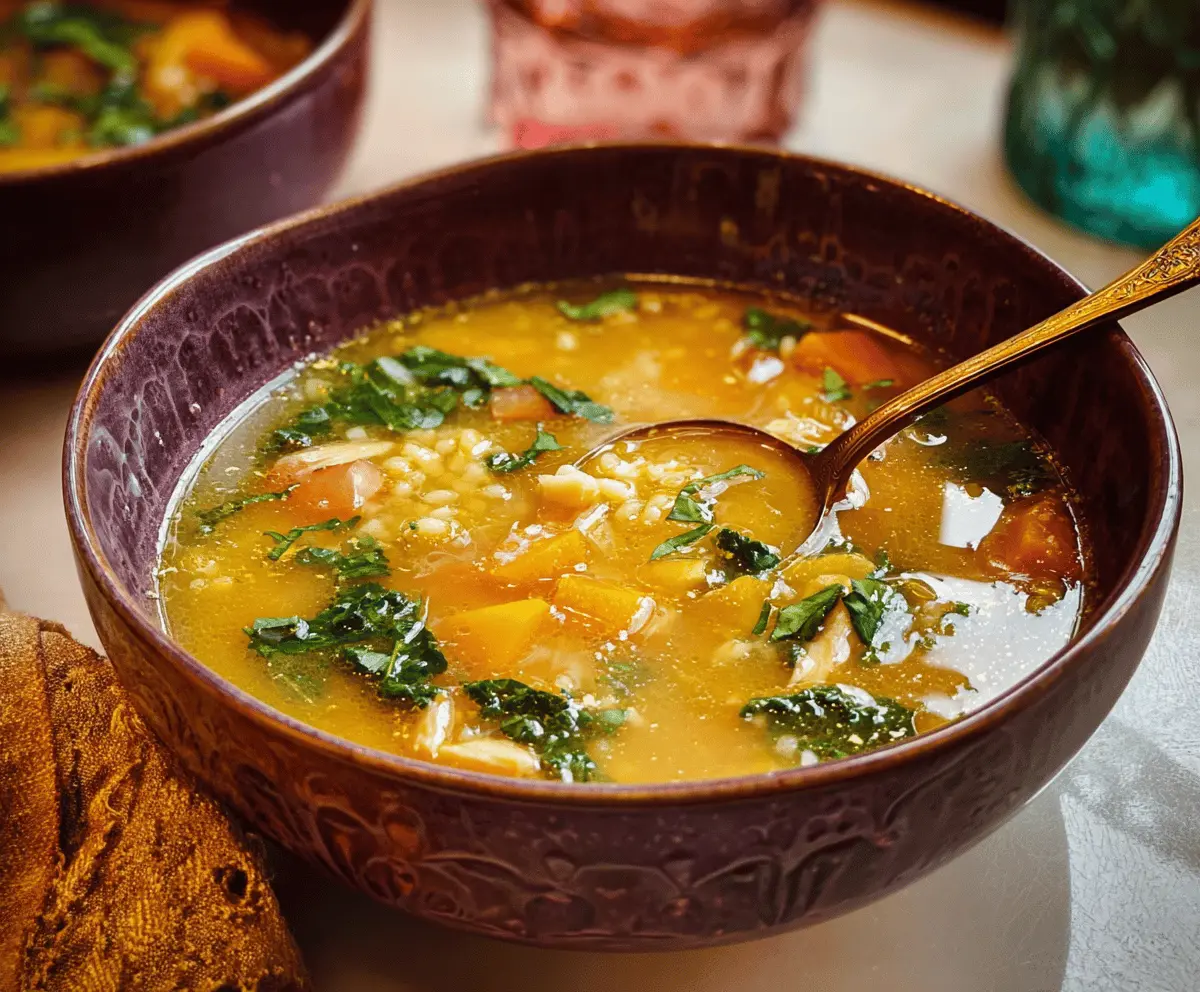 A steaming bowl of Italian Penicillin Soup garnished with fresh herbs, served with crusty bread on the side, showcasing a comforting and hearty homemade soup.