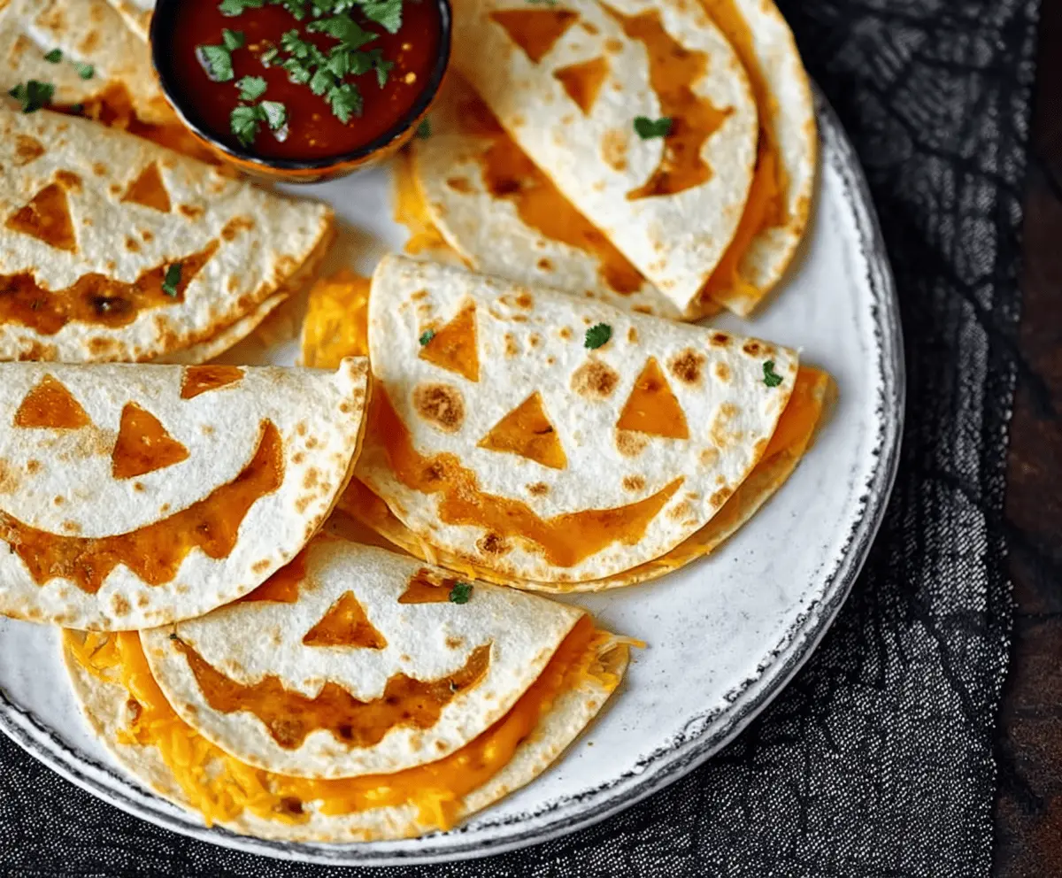 Delicious Jack O Lantern quesadillas with melted cheese and festive Halloween decorations on a plate.