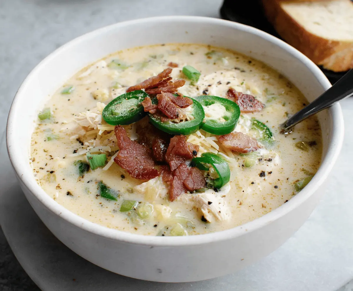 Creamy Jalapeño Popper Chicken Soup topped with shredded cheese and sliced jalapeños in a bowl, perfect for spicy comfort food.