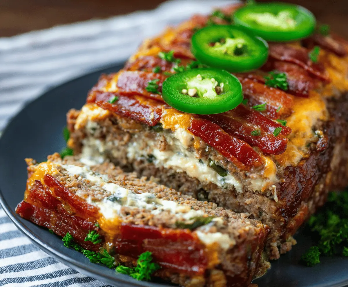Juicy Jalapeño Popper Meatloaf topped with melted cheese and sliced jalapeños, served on a plate