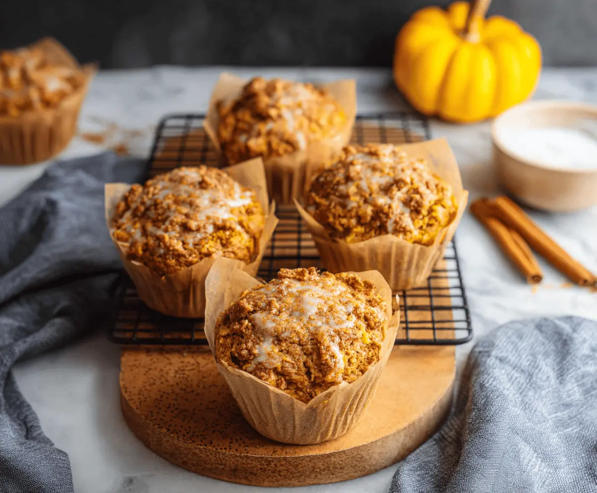 Delicious jumbo pumpkin banana muffins topped with cinnamon and nuts, perfect for a fall breakfast or snack.