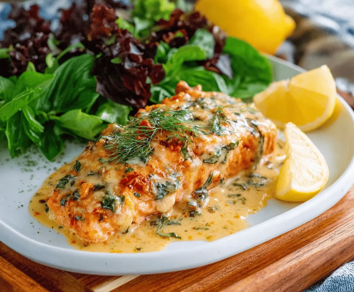 Creamy Herb Salmon topped with fresh herbs and served with rich garlic butter sauce on a stylish plate for a romantic dinner