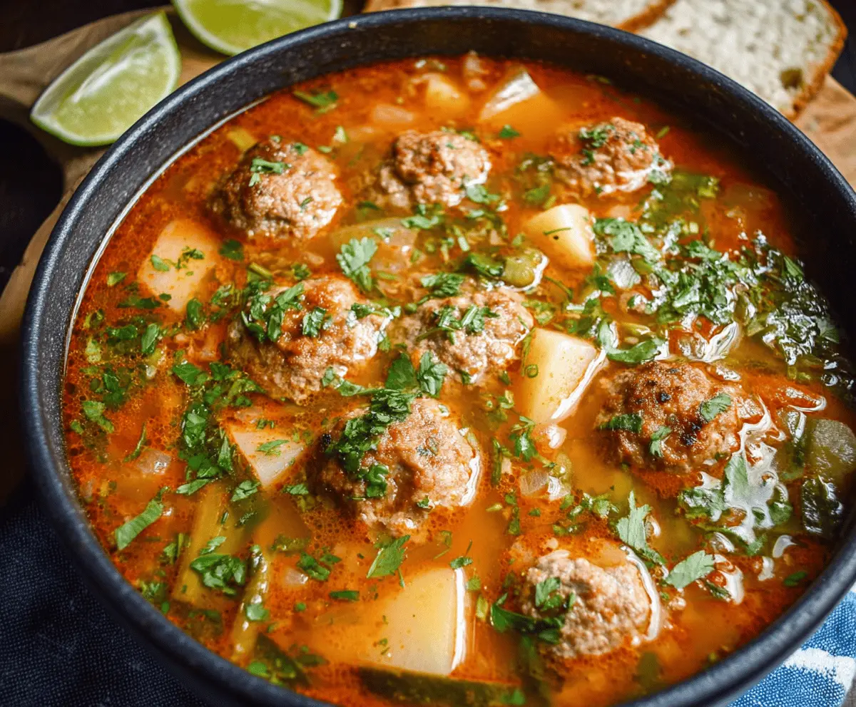 A steaming bowl of Mexican Albondigas Soup with meatball dumplings, fresh herbs, vegetables, and a flavorful broth, served with lime wedges and garnished with cilantro.