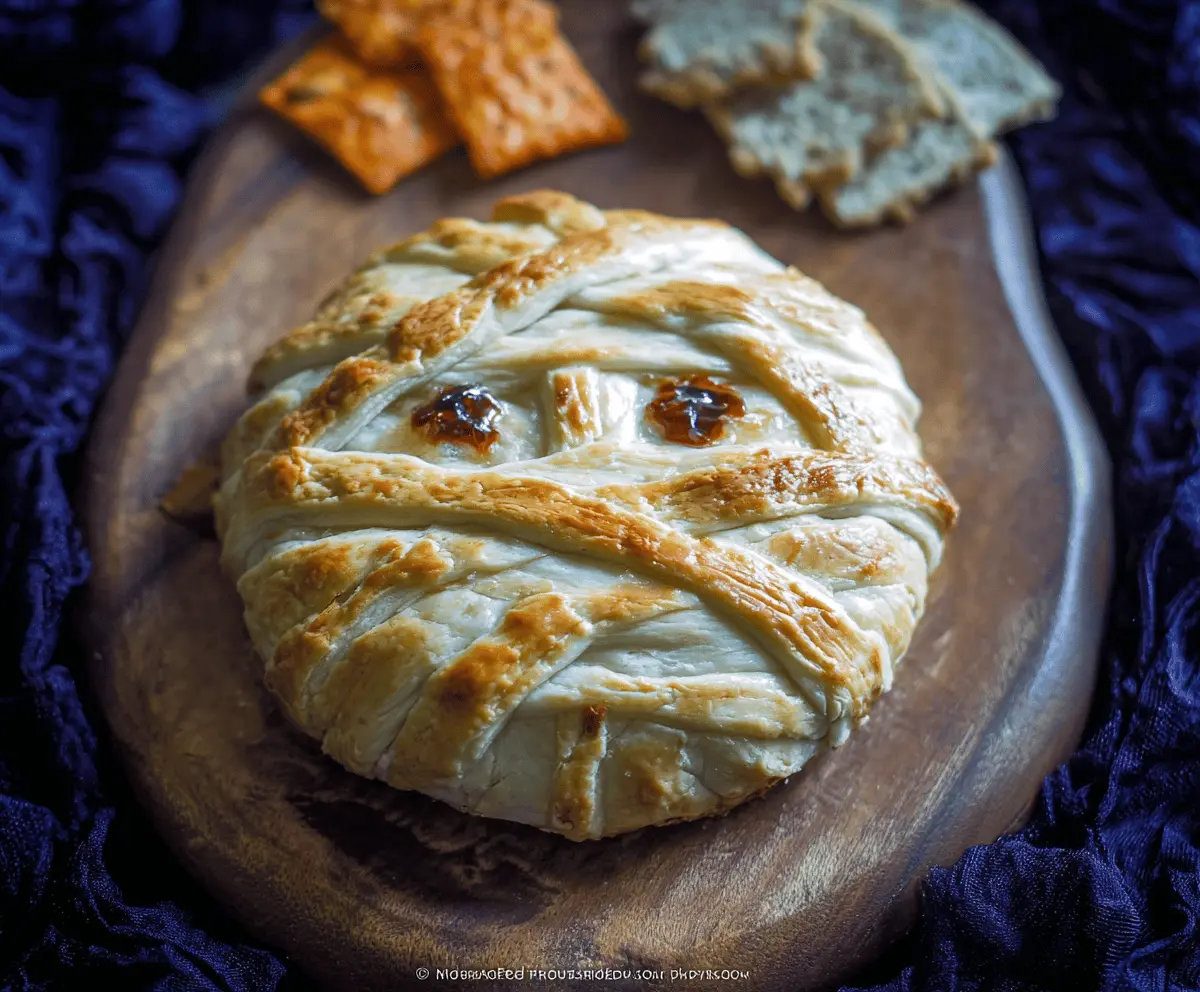 Mummy Baked Brie with crescent roll bandages and spooky garnishes on a serving platter, perfect for Halloween parties